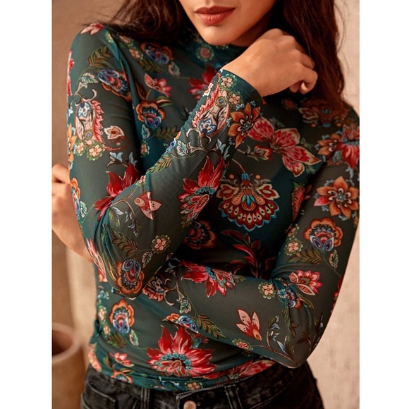 Green Multicolor Floral Print Mesh Sheer Shirt Top Long Sleeve - Picture 3 of 10